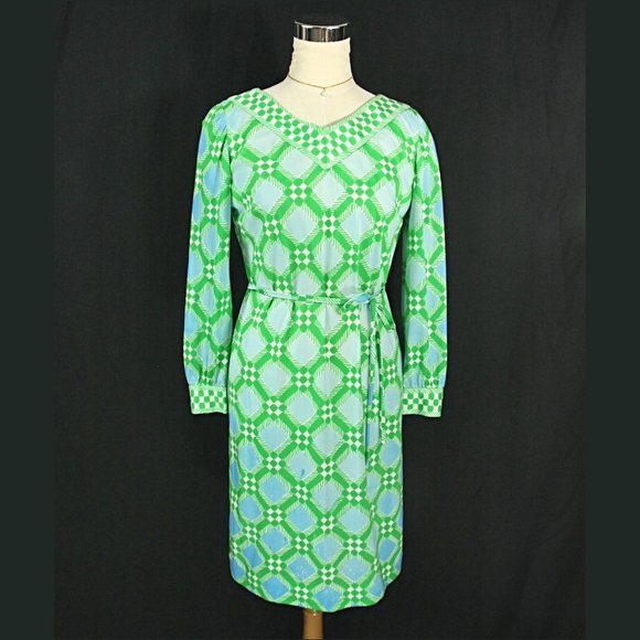 Vintage Collectors Anne Fogarty Checkered Long Sleeve Sheath Dress S M 1970s - Picture 1 of 12
